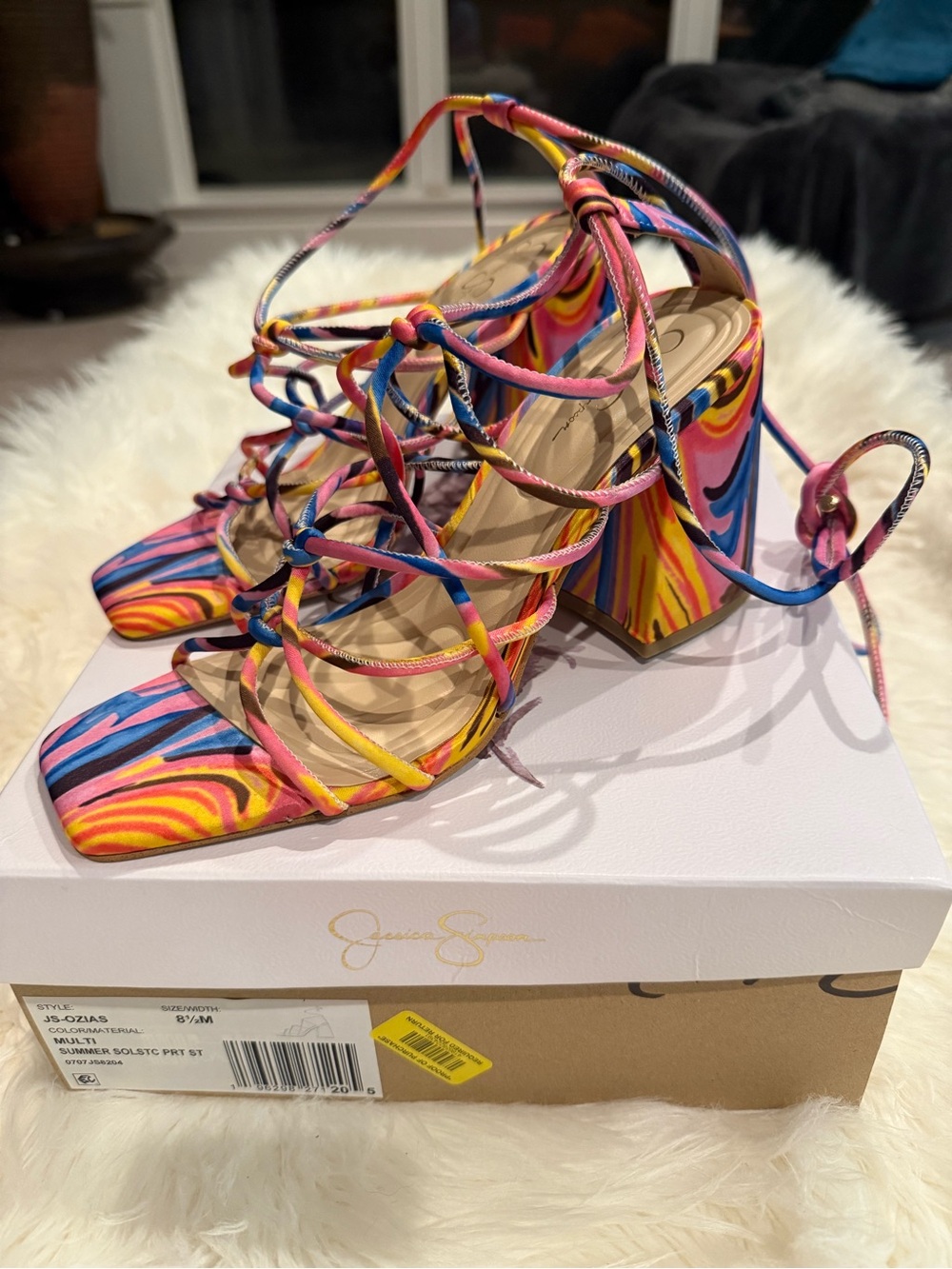 Jessica Simpson Multicolor Swirl Lace-Up Block Heels - Pink, Blue, Yellow